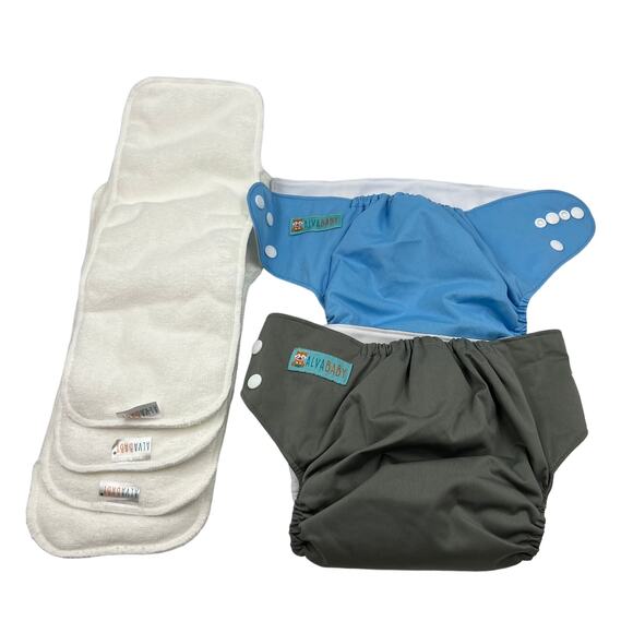ALVABABY Cloth Diaper Reusable One Size Adjustable Blue & Gray With 4 Inserts - Picture 1 of 10